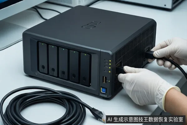 白色桌面上平放一台黑色NAS设备,正面有四个硬盘位。一双戴白手套的手正在设备侧面插拔黑色线缆,旁边盘绕着一根网线。