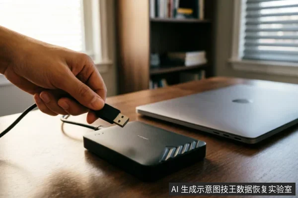 一只手正拿着USB数据线准备连接桌面上的黑色移动硬盘，旁边放着一台闭合的银色笔记本电脑。画面展示了外部存储设备与电脑的连接场景，符合数据恢复或硬件检测的语境。