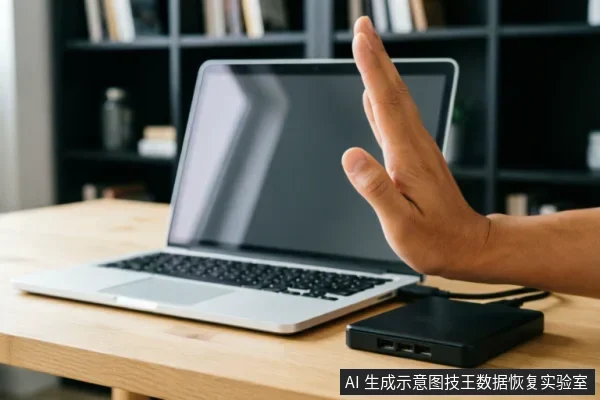 一只手掌在连接着外接硬盘盒的笔记本电脑前做出停止手势，示意立即停止操作。画面直观传达了在遇到硬盘故障时应避免继续通电或尝试修复，需保持现状并寻求专业帮助的核心信息。