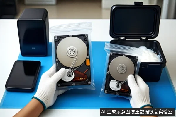 白色台面上铺着蓝色防静电垫,一双戴白手套的手分别握持两个装有裸露机械硬盘的透明自封袋。左侧平放一个黑色方形设备,右侧是一个打开的黑色防震箱,箱内可见白色泡沫。