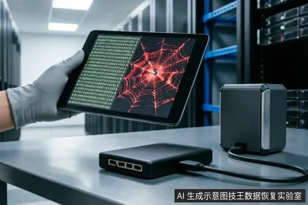 戴手套的手持平板电脑,屏幕显示绿色代码与红色蜘蛛网图案,桌面上放置着带有多个网络接口的黑色只读写入阻断设备及连接线缆,背景为服务器机房。