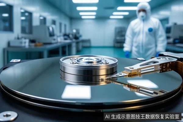 前景为打开外壳的机械硬盘，可见盘片、主轴和磁头臂；背景为洁净室环境，一名穿无尘服的人员站立在远处。