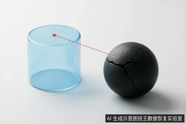 画面展示了一个表面布满裂纹的黑色球体,象征受损或故障的存储介质。一条红色虚线从球体连接至旁边一个半透明蓝色圆柱体顶部的红点,示意两者之间的关联或数据提取路径。背景简洁,无多余文字。