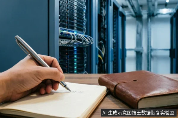 一只手持银色金属笔在摊开的笔记本上书写记录,旁边放着一个闭合的棕色皮质记事本。背景是模糊的数据中心服务器机柜,可见密集的线缆和闪烁的设备指示灯,营造出专业数据检测与状态记录的办公环境氛围。