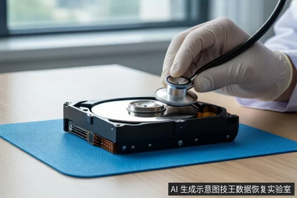 木质桌面上铺着蓝色防静电垫,垫子上平放一块打开外壳的机械硬盘。一只戴白色手套的手正握持听诊器,将其金属听头悬停在硬盘盘片上方。背景为模糊的窗户。