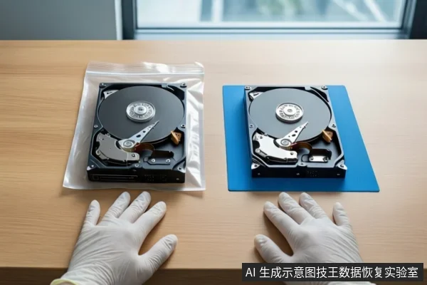 木质桌面上并排平放两块打开外壳的机械硬盘,左侧硬盘装在透明自封袋内,右侧硬盘放在蓝色防静电垫上。前景一双戴白色手套的手平放在桌面上,背景是模糊的窗户。
