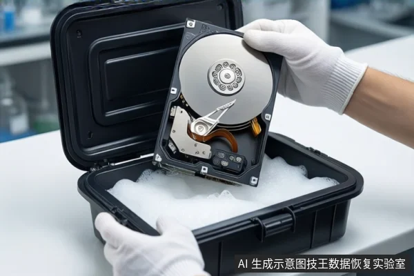 白色台面上,一双戴白手套的手正握持一块打开外壳的机械硬盘,将其放入一个打开的黑色防震箱中,箱内可见白色泡沫。背景是模糊的实验室环境。