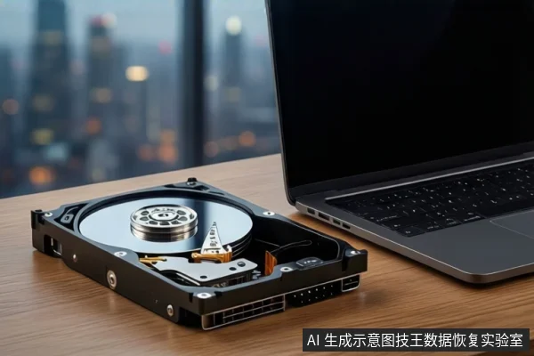 木质桌面上平放一台黑屏笔记本电脑和一块打开外壳的机械硬盘,硬盘内部盘片与磁头组件清晰可见,背景为模糊的城市夜景窗户,画面中无人员操作。