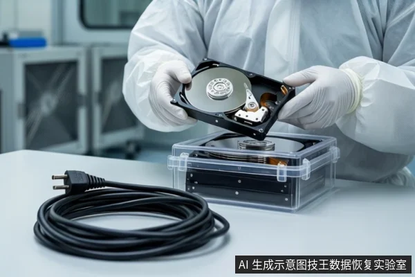 穿白色防护服和手套的人员在白色桌面上双手握持一块打开外壳的机械硬盘，下方放置一个装有硬盘的透明防震箱，左侧有一卷黑色线缆。