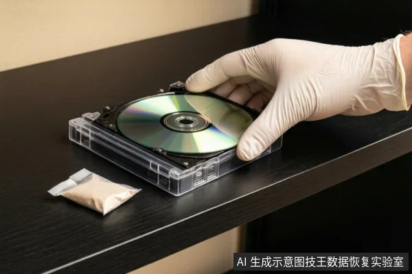 深色桌面上,一只戴白色手套的手正扶着一个透明塑料盒,盒内平放一张光盘。旁边放着一个装有干燥剂的小自封袋。
