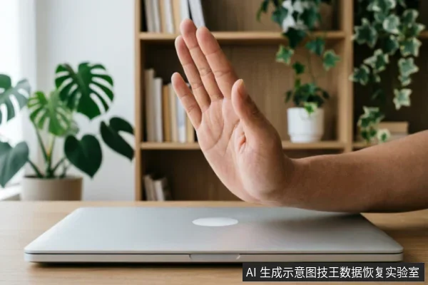 一只手掌在闭合的银色笔记本电脑前做出停止手势,背景为摆放着绿植和书籍的木质书架。画面通过肢体语言直观传达暂停、拒绝或禁止操作的含义,象征在数据格式化决策前及时止损与保持谨慎。