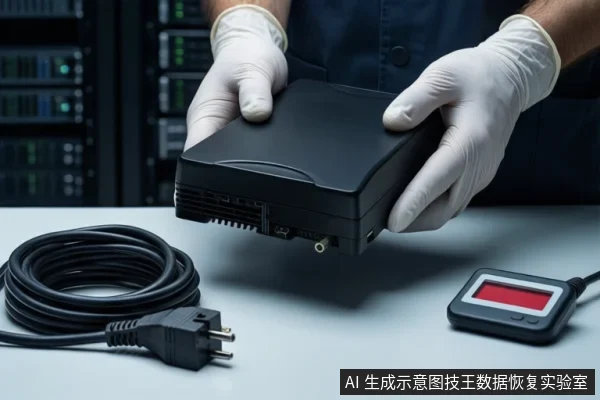白色桌面上,一双戴白色手套的手正握持一个黑色硬盘盒,旁边平放着一卷黑色电源线缆和一个带红色屏幕的测试设备,背景为模糊的服务器机柜。