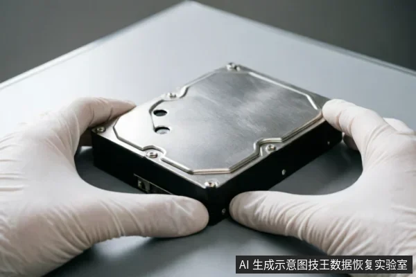 一双戴着白色防护手套的手正平稳地托举着一块裸露的机械硬盘,背景为简洁的灰色平面。画面聚焦于对存储介质的谨慎持握与检查动作,体现了数据恢复过程中避免静电与物理损伤的专业操作规范。