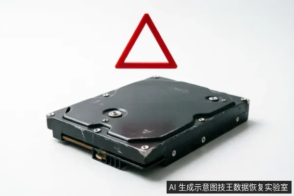 一个黑色的机械硬盘平放在白色背景上,其正上方悬浮着一个红色的三角形警告标志,示意设备存在故障或处于高风险状态。