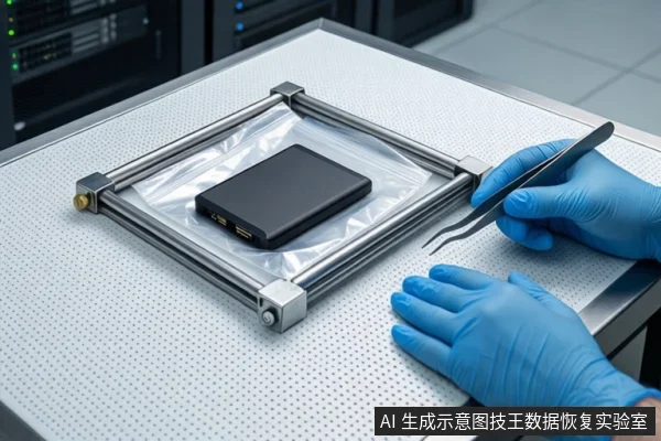 白色防静电工作台上,金属框架内透明袋中平放一块黑色移动硬盘,右侧戴蓝色手套的手持镊子靠近,背景为服务器机柜。