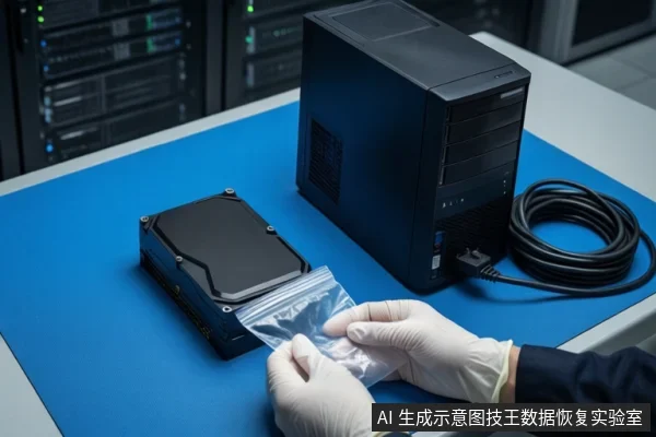 蓝色防静电垫上放置一台黑色台式主机和一块裸露机械硬盘。右侧一双戴白色手套的手正在操作一个透明自封袋，旁边有一卷黑色线缆。背景为模糊的服务器机柜。