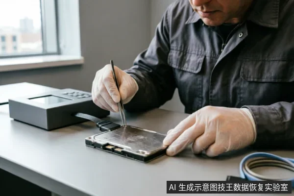 一名身穿深色工装、佩戴透明手套的专业人员，正使用镊子对放置在桌面上的机械硬盘进行精细操作。旁边连接着黑色的专用检测设备及蓝色数据线，展示了数据恢复过程中对硬件进行的非侵入式专业评估场景。