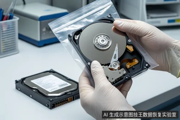 白色台面上,一双戴白色手套的手正握持一个透明自封袋,袋内装有一块打开外壳的机械硬盘,可见金属盘片与磁头组件。左侧平放一块闭合的黑色机械硬盘。背景是模糊的实验室设备。