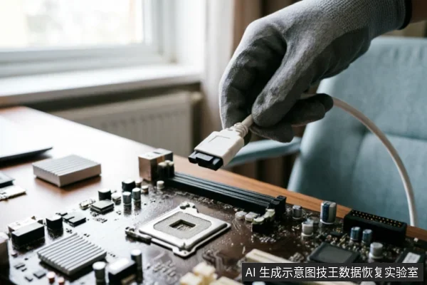 一只戴着灰色防静电手套的手正拿着一根SATA数据线,准备将其插入放置在工作台上的电脑主板接口中。桌面上还散落着散热片等电子元件,展示了硬件连接检查的场景。