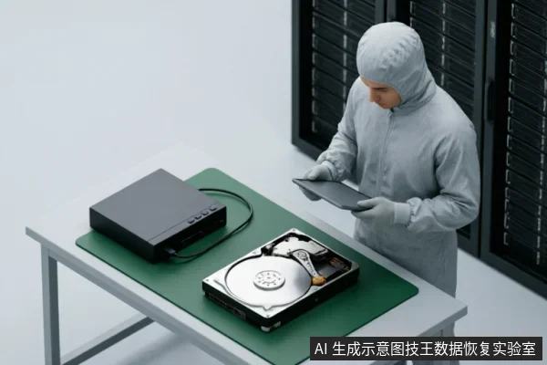 一名身穿全套灰色防尘服的技术人员站在服务器机柜前，在绿色防静电垫上检查一块已打开外壳的机械硬盘，旁边连接着黑色读取设备，手中持有平板终端。