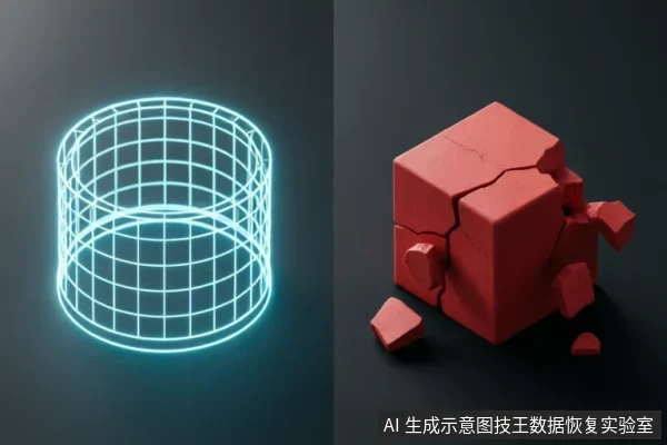 左侧为发光的青色线框圆柱体,象征数字化存储结构;右侧为一个正在碎裂崩解的红色实体方块。画面通过抽象几何形态的对比,直观呈现了数据逻辑结构与物理介质损坏的状态。