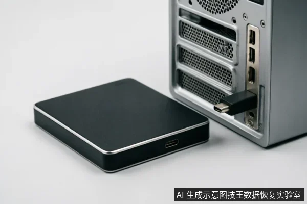 一个黑色移动硬盘通过数据线连接至银色台式机主机背面的USB接口,展示设备物理连接状态。画面聚焦于硬件接入动作,未显示屏幕或软件界面,直观呈现数据恢复前需核对的设备识别与挂载环境。