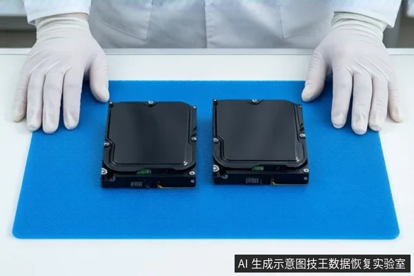 白色台面上铺着蓝色防静电垫,中间并排平放着两个闭合的黑色方形移动硬盘。一双戴白色手套的手平放在垫子两侧,背景是模糊的室内环境。