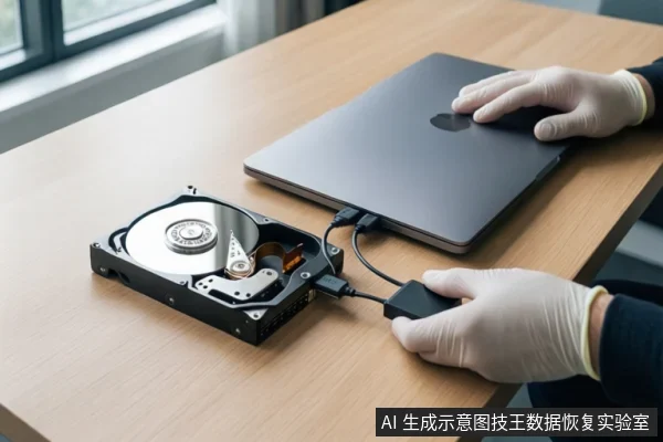 木质桌面上,一块打开外壳的机械硬盘通过线缆连接至一台笔记本电脑。一双戴白色手套的手正在操作连接硬盘的黑色USB适配器。