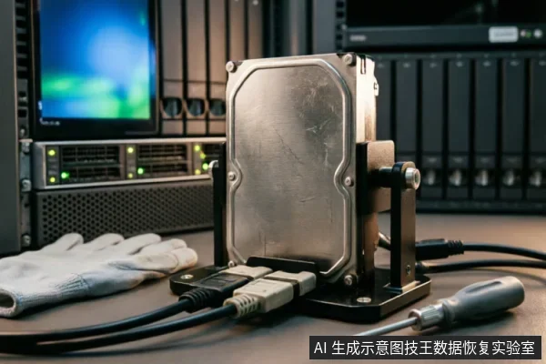 一块机械硬盘被固定在金属支架上,连接着SATA数据线和电源线,旁边放有防静电手套和螺丝刀。背景为服务器机柜与显示器,呈现出专业数据恢复实验室的硬件检测环境。