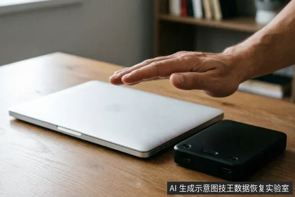 一只悬停在闭合银色笔记本电脑上方的手,旁边木桌上放置着一个黑色移动硬盘盒。画面展示了电脑与外部存储设备的连接场景,背景为模糊的书架环境。