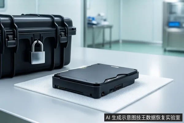 白色台面上铺着白色防静电垫，中间平放一个黑色硬盘盒。左侧有一个挂着银色挂锁的黑色加固防震箱。背景是模糊的实验室环境，画面中没有人员操作。