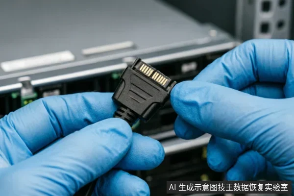 戴着蓝色防静电手套的双手正捏住一根黑色SATA数据线的接口,背景为模糊的服务器或存储设备机架,示意检查或更换连接线缆的操作。