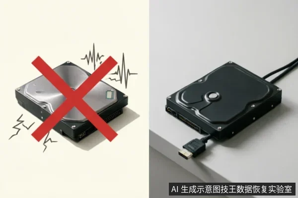 左侧为带有红色禁止符号和震动波纹的硬盘插画,象征设备出现异响或故障;右侧为连接着SATA数据线和电源线的黑色机械硬盘实物图,展示物理接口连接状态。画面直观对比了故障警示与外部硬件排查场景。