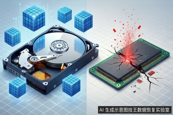 白色网格背景上,左侧为打开外壳的机械硬盘,周围悬浮蓝色数据立方体;右侧为表面开裂并伴有红色破碎特效的固态硬盘。