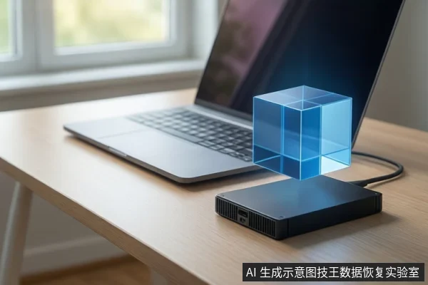 木桌上有一台银色笔记本电脑和一个黑色外接硬盘盒,硬盘盒上方悬浮一个蓝色透明立方体,右下角有固定标识。