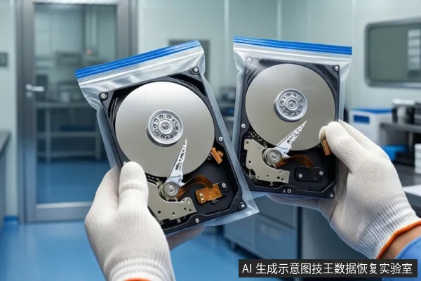 洁净室环境中,一双戴白色手套的手正分别握持两块装在透明自封袋中的裸露机械硬盘,展示其内部盘片与磁头组件。背景为模糊的实验室门和设备。