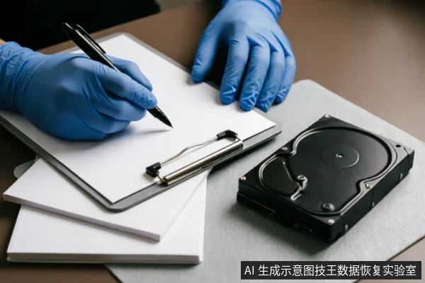 画面中戴着蓝色防静电手套的双手正在写字板记录信息，旁边放置着一块黑色机械硬盘。该场景展示了在硬盘故障时，于防静电环境下记录设备状态与连接细节的专业操作过程。