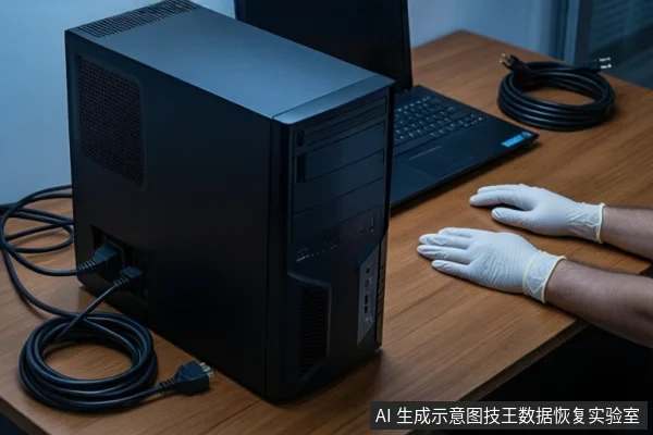 木质桌面上立着一台黑色台式主机,左侧盘绕着一卷黑色线缆。右侧一双戴白手套的手平放在桌面上,背景是模糊的窗户。