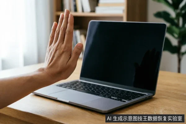 一只手掌在笔记本电脑屏幕前做出明显的停止手势,示意拒绝或暂停操作。电脑放置在木质桌面上,背景模糊可见书架和绿植,象征在数据恢复过程中应克制冲动,避免立即扫描或写入,优先保护原始介质安全。