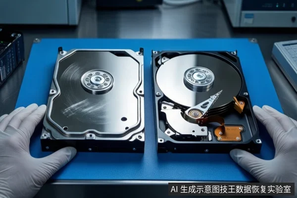 蓝色防静电垫上并排平放两块机械硬盘，左侧硬盘盖着金属顶盖，右侧硬盘外壳打开露出盘片与磁头组件。左右两侧各有一只戴白色手套的手扶在垫子边缘，背景为模糊的实验室设备。
