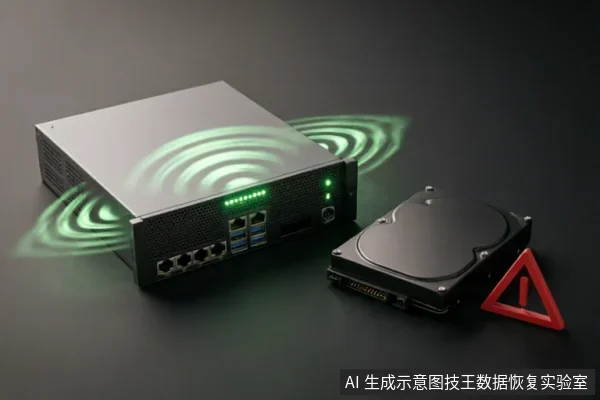 一台银色网络存储设备发出绿色信号波纹,旁边放置一块机械硬盘及红色三角形警告标志。画面通过警示符号与信号特效,示意硬件故障风险及专业检测环境。