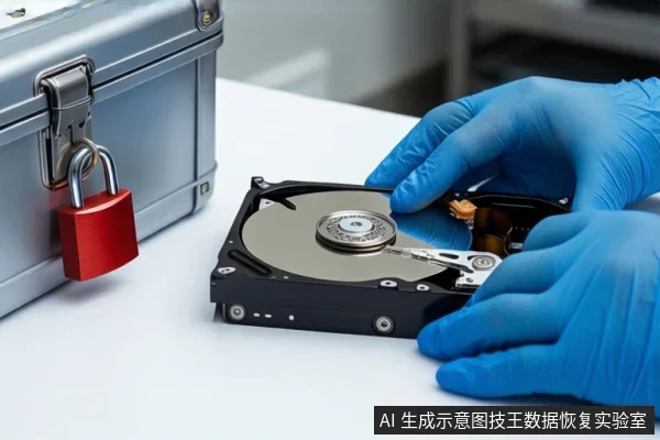 白色桌面上，左侧放置一个挂有红色挂锁的银色金属防震箱，中间平放一块打开外壳的机械硬盘，前景一双戴蓝色手套的手正在触碰硬盘内部组件。