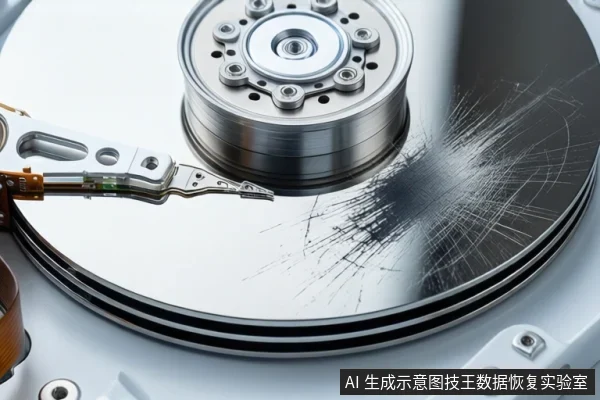 打开外壳的机械硬盘特写，盘片表面可见明显划痕，磁头臂停在盘片上方，右下角有固定标识。