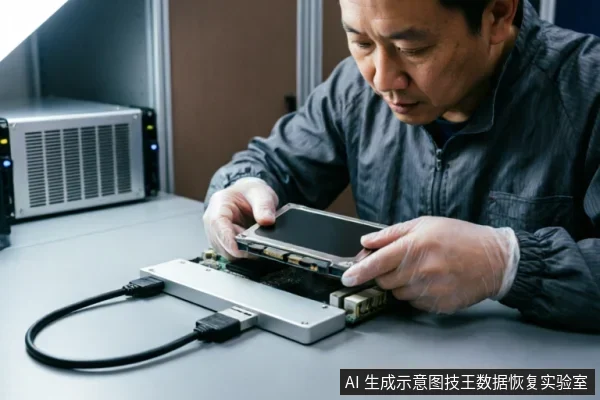 一名身穿灰色工装、佩戴透明防静电手套的技术人员,正双手持握一块带有金属屏蔽罩的M.2固态硬盘,将其对准并安装至桌面的银色硬件检测底座上。背景可见专业的电子测试仪器,展示了数据恢复前的硬件接入与检测场景。