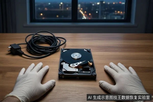 木质桌面上平放一块打开外壳的机械硬盘，可见盘片与磁头组件。左侧有一卷盘绕的黑色电源线。一双戴白色手套的手平放在硬盘两侧的桌面上，背景是模糊的城市夜景窗户。