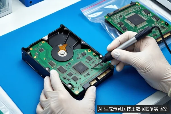 蓝色防静电垫上,一双戴白手套的手正在操作一块打开外壳的机械硬盘。右手握持带线缆的探针工具接触硬盘PCB板,左手扶稳硬盘,背景可见另一块电路板。