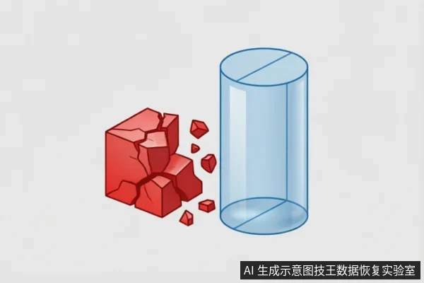 画面左侧为一个正在碎裂崩解的红色立方体,象征硬盘内部介质或结构的物理损坏;右侧为一个完好透明的圆柱体容器。两者并列放置,直观对比了硬件从完整到破碎的状态,示意数据恢复中面临的物理损伤风险。