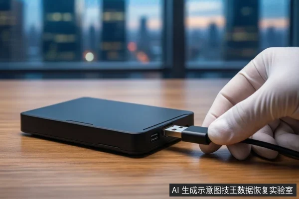 木质桌面上平放一个黑色方形移动硬盘,右侧一只戴白色手套的手正握持一根黑色USB线缆,将其插入硬盘侧面的接口。背景是模糊的城市夜景窗户。