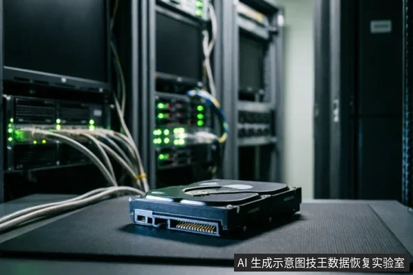 一块3.5英寸机械硬盘静置于黑色防静电垫上,背景为模糊的服务器机柜与亮着绿灯的网络设备及线缆,呈现出专业数据恢复实验室或机房环境。