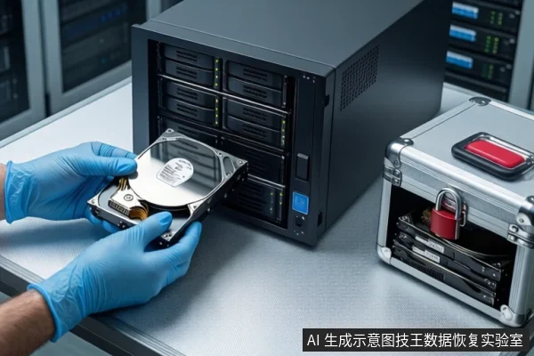 白色防静电工作台上,戴蓝色手套的双手正持握一块打开外壳的机械硬盘,准备插入左侧的黑色多盘位NAS机箱,右侧为挂有红色挂锁的银色金属防震箱,背景可见服务器机柜。
